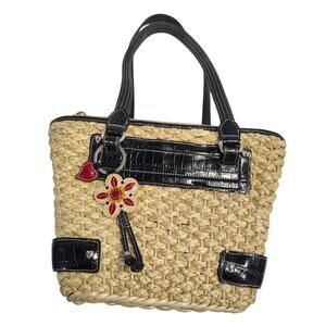 Brighton Straw & Leather Purse Handbag Shoulder Hearts Red Black Tan Summer Boho